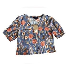 NWT Princess Highway Linen/Cotton Blend Bug And Floral Print Blouse US S…